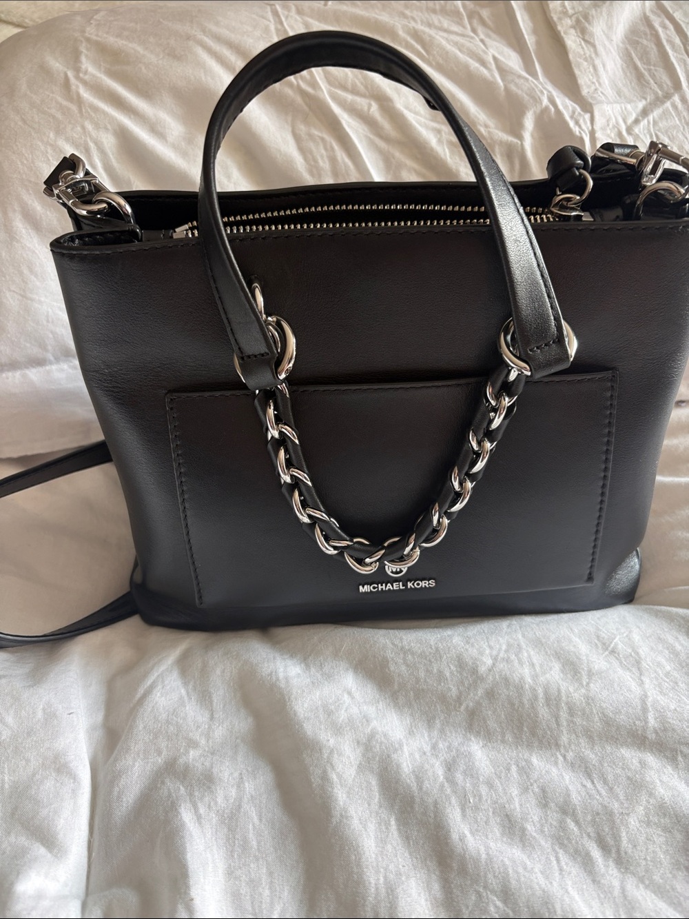 Michael Kors Black Leather Crossbody Satchel with Silver Chain